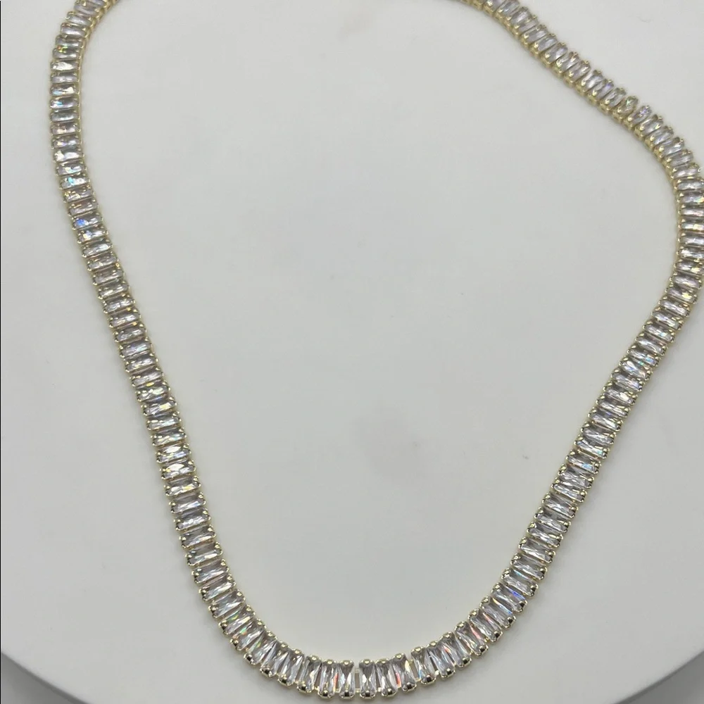 1190. 14K Gold Plated Crystal Baguette Necklace. 17”.